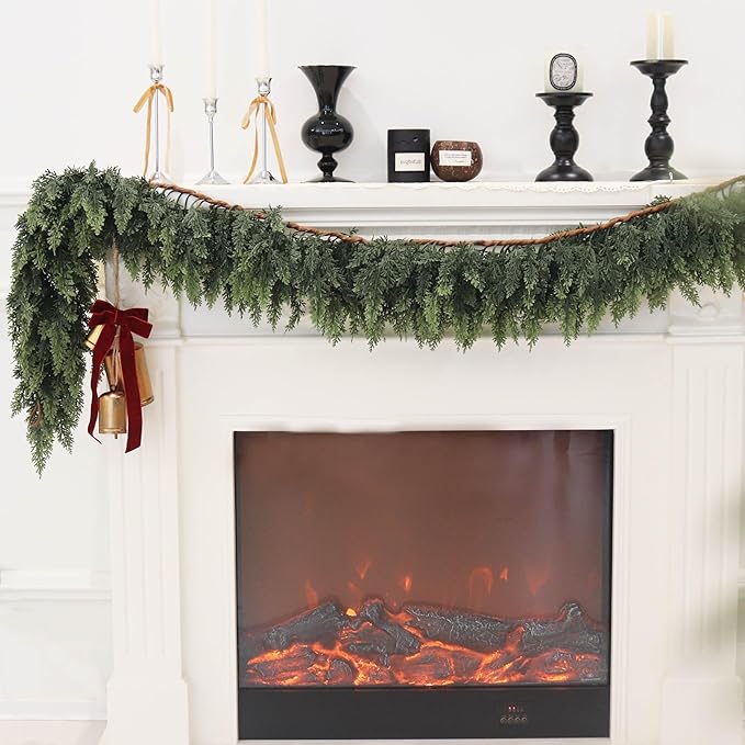 2PCS Artificial Cedar Garland for Christmas Decoration - Realistic Winter Greenery Garland for Mantel, Fireplace, Table, Door, Holiday Indoor Outdoor Decor 6FT