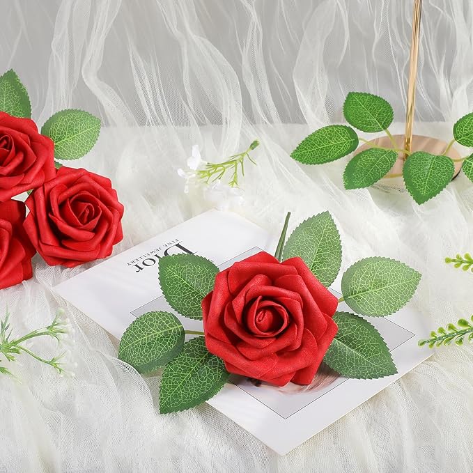 AmyHomie Artificial Flowers Red Rose 50pcs Real Looking Fake Roses w/Stem for DIY Wedding Bouquets Centerpieces Arrangements Party Baby Shower Home Decorations