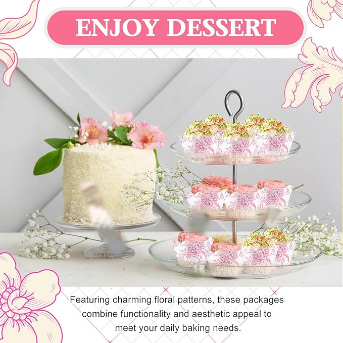 Domensi 100 Pcs Pink Floral Cupcake Wrappers Rustic Cupcake Liners Pink Baking Cups Flower Baking Liners for Wedding Bridal Baby Shower Birthday Party Supplies Dessert Decoration