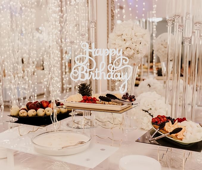 Happy Birthday Cake Topper - Silver Glitter Birthday Party Cake Decoration Supplies - Happy Birthday Cake Decor, for Anniversary/Birthday Party Supplies Photo Booth Props