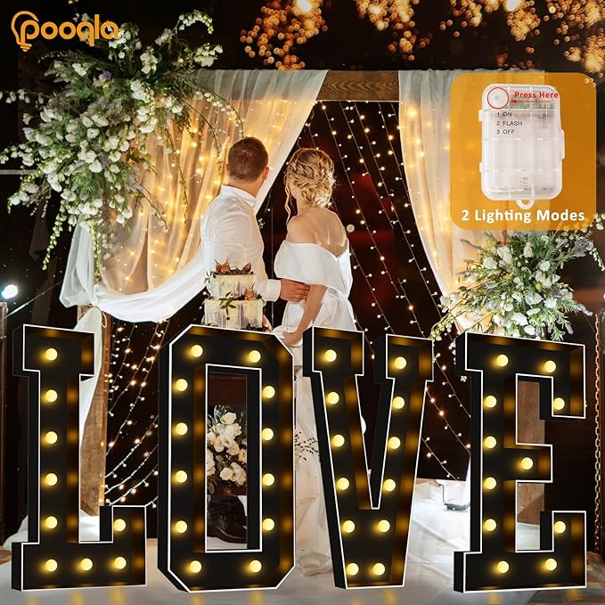 Pooqla 4 FT Marquee Light Up Letters, Black Marquee Letter Lights 4 Feet Tall for Birthday Decoration, Big Mosaic Letters Sign for Balloons Party Anniversary Wedding Decorations, Giant Warm White W