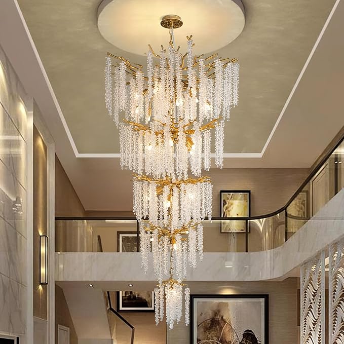 YUYI Upgraded 118'' Long Crystal Chandelier for High Ceiling, 28-Light Modern Gold Tree Branch Chandelier, Large Chandeliers for Foyer, Entryway, Staircase, 5-Tier Luxury K9 Raindrop Light Fixtures