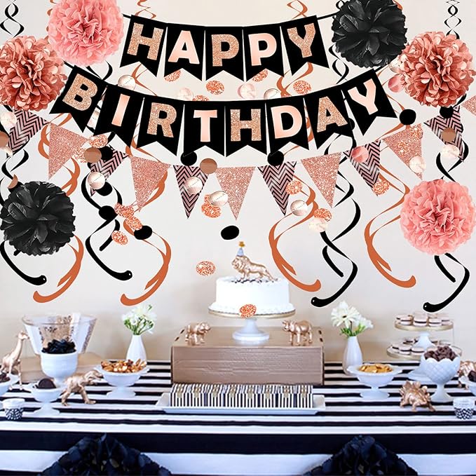 FECEDY Rose Gold Theme Happy Birthday Banner Flag Bunting Paper Circle Confetti Garland Swirl Streamers Honeycomb Ball for Birthday Party Decoration