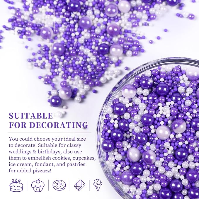Purple Sprinkles for Cake Decorating, Pearl Sprinkles, Edible Pearls, Cake Pearls for Baby Showers, Weddings, Birthdays, Gender Reveal, Halloween(120g/4.23oz)