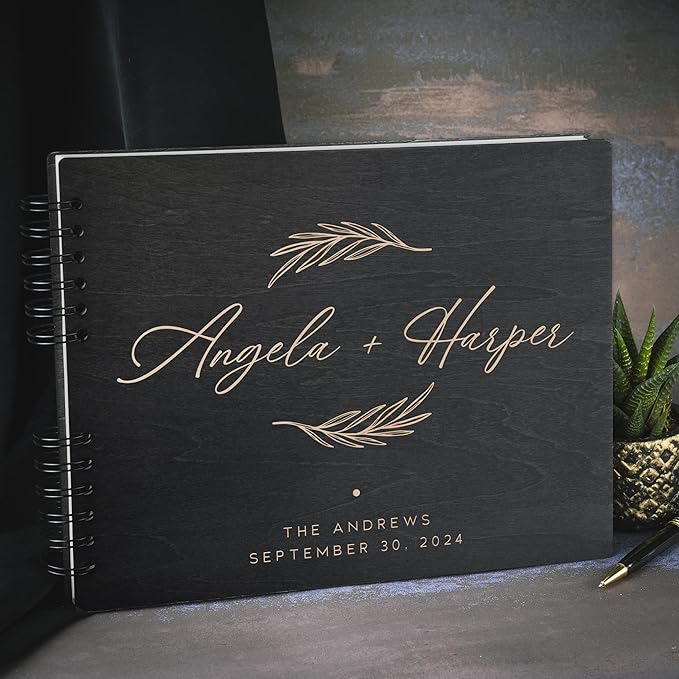 Personalized Wood Wedding Guest Book - 5 Colors/Finishings, 2 Sizes, 12 Designs - Wood Wedding Decorations, Guest Book Signs for Wedding Reception (DESIGN 10)