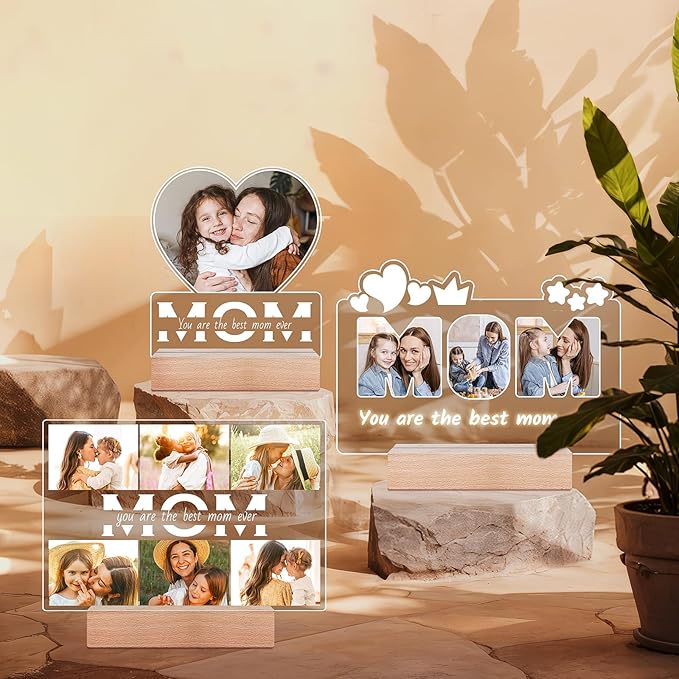 Personalized Gifts for Mom from Daughter Son, Custom Picture Frames with Photos, Customized Photo Frame with Night Light, Personalized Birthday Gifts for Mom Baby Kids Family