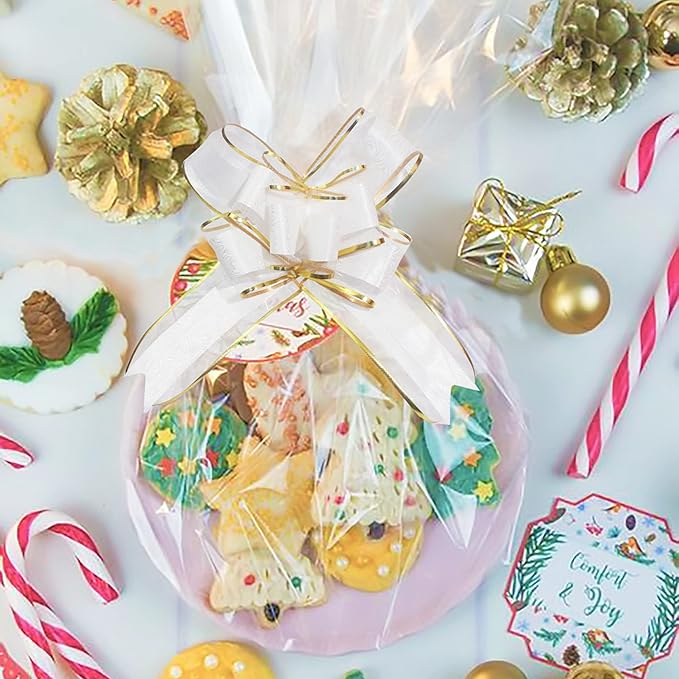 Pull Bows for Gift Wrapping, 15 PCS Large Gift Bow Bulk for Presents Package, Gift Baskets, Christmas, Wedding, and Party Decor (White with Tulle & Gold line, 6 inches)