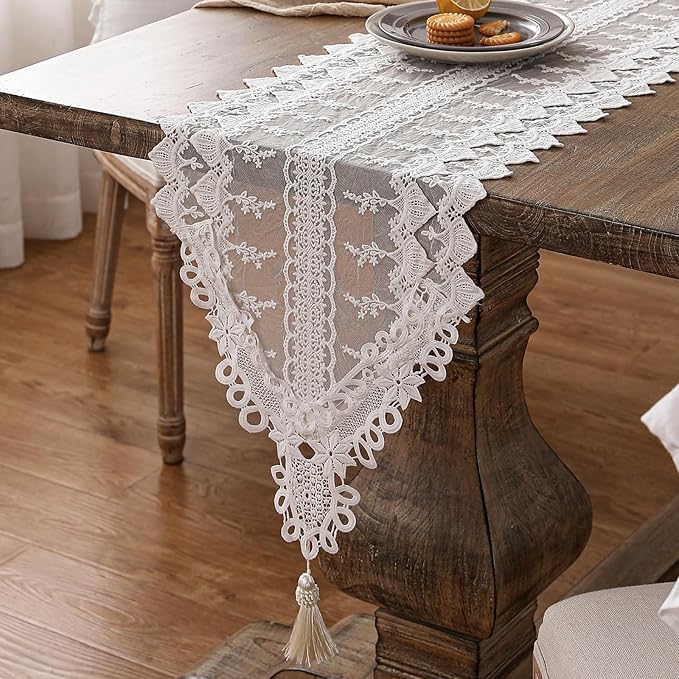 patdrea Designer Vintage White Lace Table Runner,Crochet Decorative Table Covers,Chiffon Embroidered Tasseled Table Runners, Cutwork Dresser Runners,Christmas Wedding Party Bridal 16x63 Inches Long