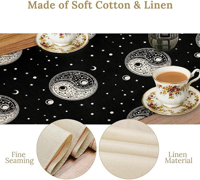 Mystical Celestial Table Runner, Vintage Bohemian Black Yin Yang Symbol Moon Stars Print Table Runner for Office Kitchen Dining Wedding Party Home Coffee Table, 13x70inch