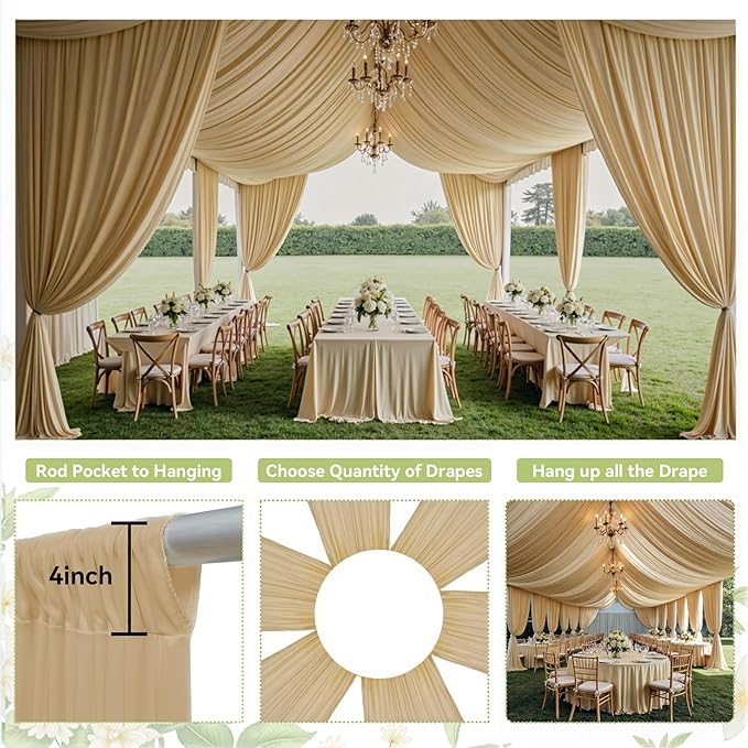 PartyVillage 2 Panels 5ftx30ft Beige Ceiling Drapes for Wedding Parties – 30 FT Extra Long Thick Polyester Wrinkle-Free Drapery Tent Decor Decorations for Birthday Party Ceremony Stage Swag