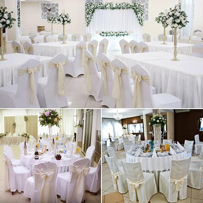 100 PCS Satin Chair Sashes Decorative Bow Chair Sashes Ties Chairs Ribbon Bows Seat Cover Band for Wedding Birthday Party Ceremony Reception Hotel Banquet Events Home Kitchen Decor(7x108Inch,Ivory)