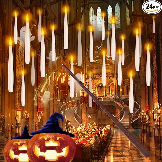 NURADA Floating Candles with Wand Remote Timer - 24 Pcs Magic LED Hanging Flameless Taper Candles Flickering Battery Operated for Halloween Birthday Theme Party Holiday Home Window Decor - White