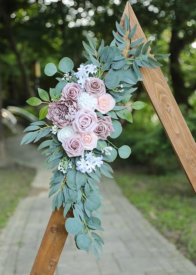 Artificial Dusty Rose Wedding Arch Flowers Swags Set of 2 for Welcome Signs, Ceremony & Reception Decorations, Blush Pink Flowers