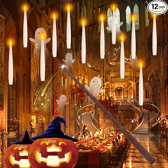 NURADA Floating Candles with Wand Remote Timer - Magic LED Hanging Flameless Taper Candles Flickering Battery Operated for Birthday Theme Party Halloween Home Window Decor - White 12 Pack
