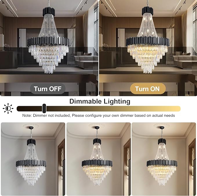 54" Luxury Long Crystal Chandelier for High Ceilings, 21-Light Modern Black Large Chandeliers for Staircase, Foyer, Entryway, Living Room, Hallway, Contemporary K9 Crystal Tiered Chandelier