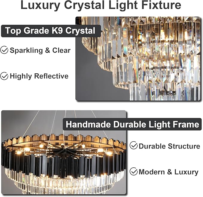 39" Black Crystal Chandelier, 21-Light Modern Luxury Round Chandelier, 7-Tier Contemporary Tiered Chandeliers Light Fixture for Dining Room, Living Room, Bedroom, Foyer, Entryway, Kitchen