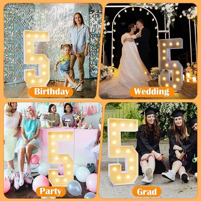 4ft Number 5 Light Up Sign, Modern Marquee for Numbers 4 Feet Tall, Polypropylene Material, Tabletop Mount, Perfect for Party Decorations