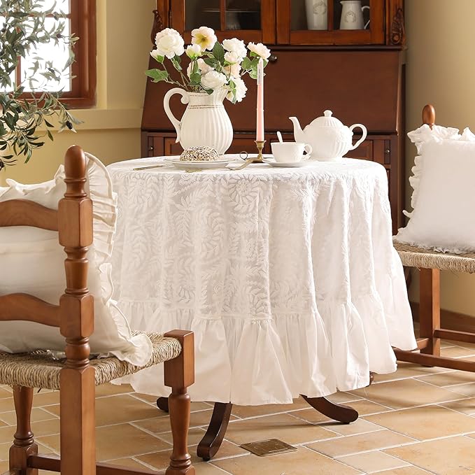 patdrea Vintage Ruffle Tablecloth for Round Tables,Farmhouse Embroidered Cotton White Lace Table Cloth Cover Decor for Dining Room Wedding Banquet Thanksgiving Christmas,Dimaeter 51"