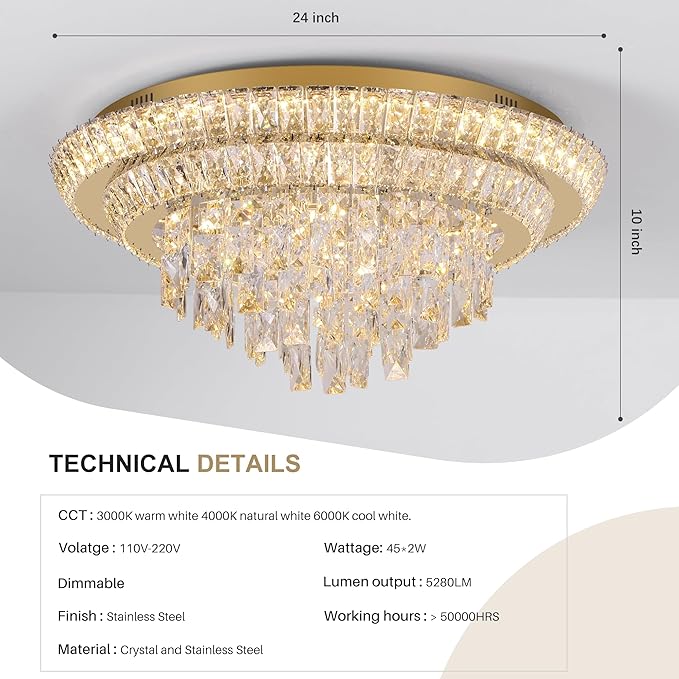 24 inch Crystal Gold Ceiling-Light Flush Mount with Remote Control and APP, 3CCT Dimmable & Brightness Adjustable, Modern Crystal Raindrop Chandeliers for Bedroom Hallway Dinning Room Living Room