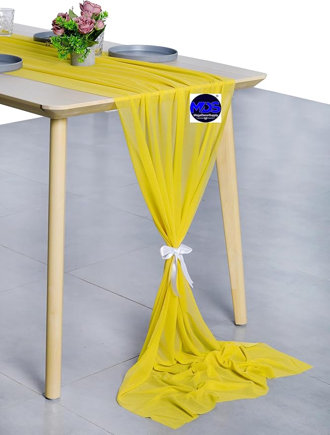 MDS 2 Pack 14ft Chiffon Table Runner 29 x 170 Inches Sheer Wedding Runner Romantic Rustic Table Runner for Wedding Decorations, Birthday Parties, Bridal Shower Party Arch Decor - Yellow