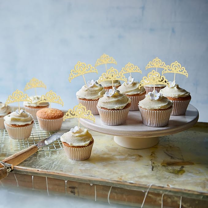 Gyufise 24Pcs Gold Princess Crown Cupcake Toppers Glitter Princess Cake Pick Decorations for Wedding Girl Birthday Baby Shower Party Decorations