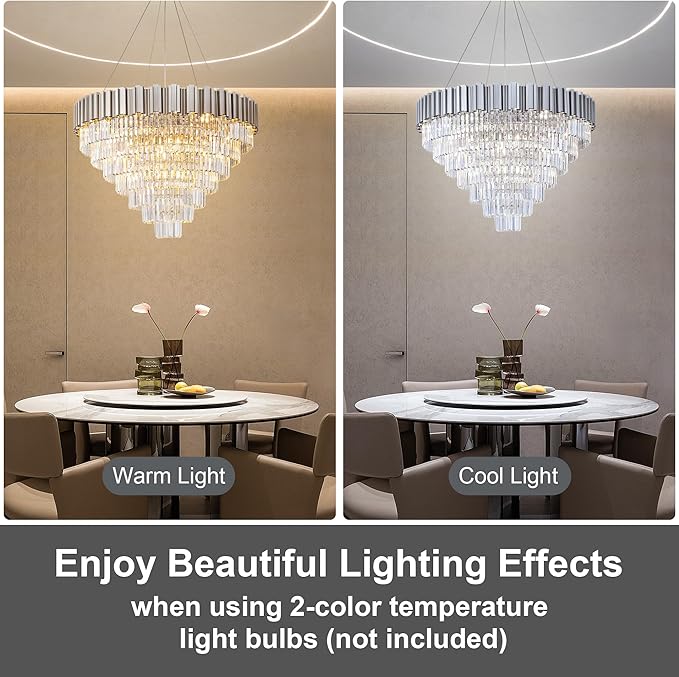 39" Silver Crystal Chandelier, 21-Light Modern Luxury Round Chandelier, 7-Tier Contemporary Tiered Chandeliers Light Fixture for Dining Room, Living Room, Bedroom, Foyer, Entryway, Kitchen