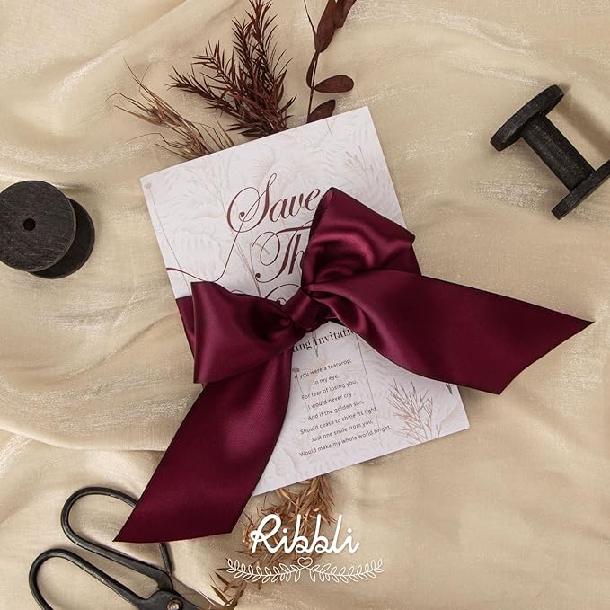 Ribbli Burgundy Double Faced Satin Ribbon, 2” x Continuous 10 Yards,Use for Bows Bouquet,Gift Wrapping,Floral Arrangement,Wedding Decoration