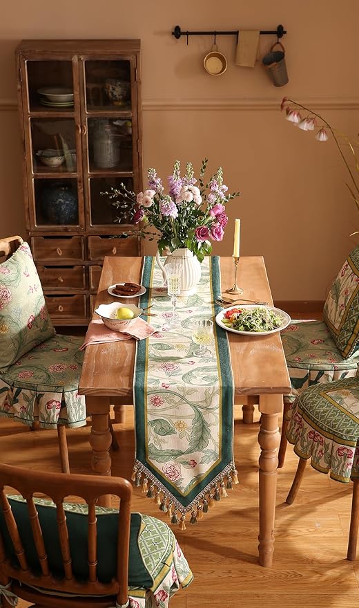 patdrea Designer Green Floral Table Runner,French Elegant Vibrant Rustic Linen with Green Leaves Patterns Fabric Table Mat,Decoration for Kitchen Dining Room Banquet Christmas,18"*87"