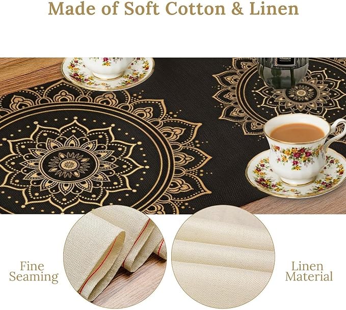 Golden Mandala Table Runner, Traditional Indian Gold Black Flower Vintage Luxury Bohemian Mandala Table Runner for Home Kitchen Dinning Table Indoor Outdoor Holiday, 13x60inch