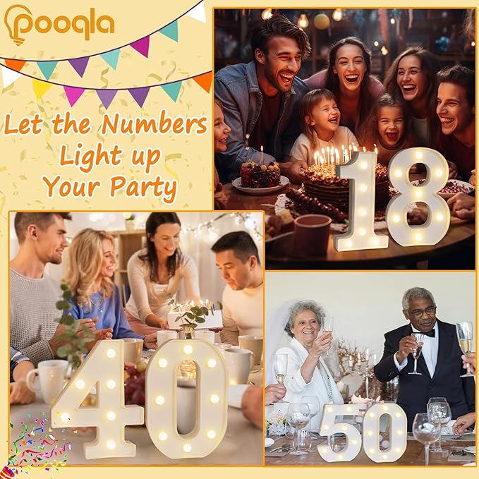 Pooqla Decorative LED Light Up Number Letters, White Plastic Marquee Number Lights Sign for 90th Birthday Party Wedding Decor, Battery Operated