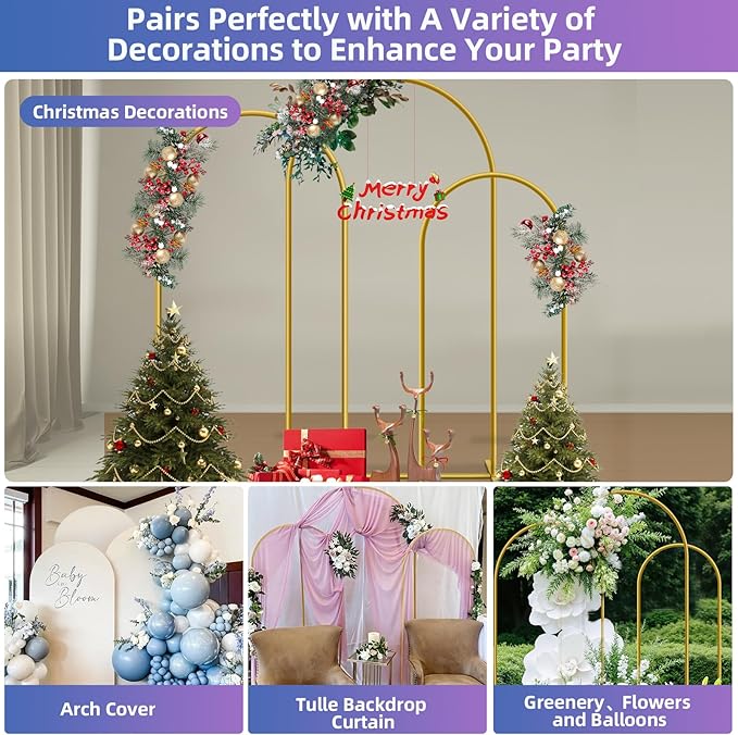 HEMMOTOP Metal Arch Backdrop Stand, Set of 3 (7.2ft / 6.6ft / 6ft) Wedding Arch Stand for Party, Birthday, Baby Shower - Background Arched Frame for Garden Decor, Gold Flower Arches Stands, 3 Pieces