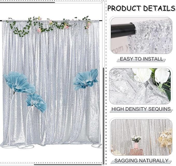 Silver Sequin Backdrop 8FTx8FT 1 Panel Glitter Photo Background for Wedding Baby Shower Parties Christmas Birthday