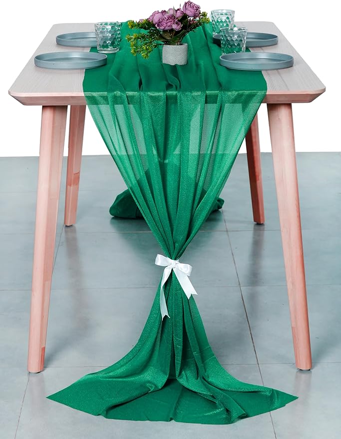 MDS 2 Pack 14ft Chiffon Table Runner 29 x 170 Inches Sheer Wedding Runner Romantic Rustic Table Runner for Wedding Decorations, Birthday Parties, Bridal Shower Party Arch Decor - Emerald Green