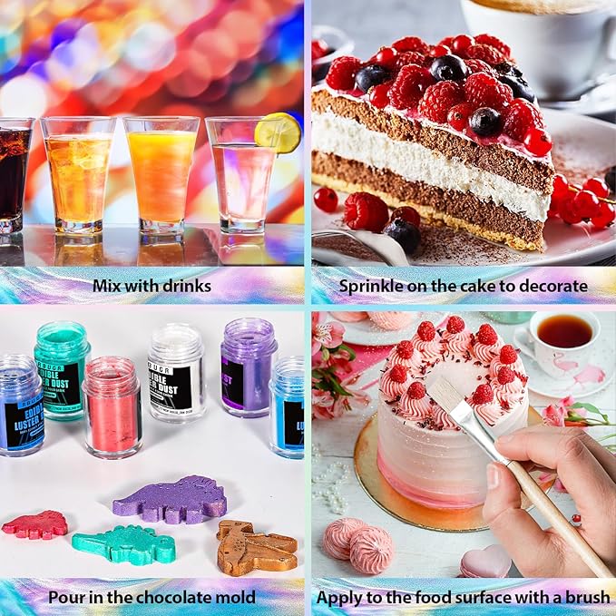 RBUGR Edible Glitter Set, 6 Colors Edible Luster Dust, Food Grade Drink Glitter Edible Dust, Sprinkles Cocktail Glitter, Shimmering Powder Glitter for Fondant, Candy, Vegan Cake Decorating（4g/0.14oz）