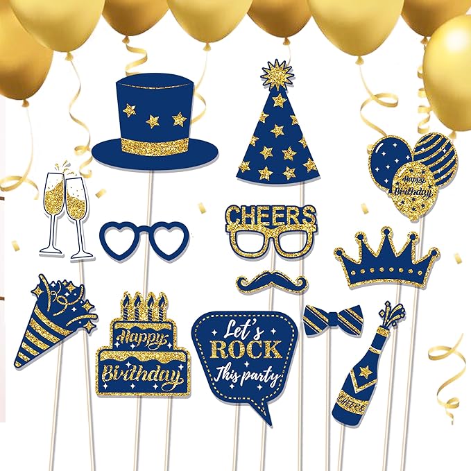 36 PCS Photo Booth Props Party Supplies Holiday Picture Decorations Blue Paper Photo Props for Birthday Party Favors Pose Sign Kit Fun