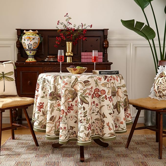 ISAENNE Designer Bohemian Linen Small Round Table Cloth,Colorful Floral Pattern Tablecloth,Wrinkle Resistant Decorative Tablecloths for Dining Thanksgiving Kitchen Party,Diameter 55"-Grace A