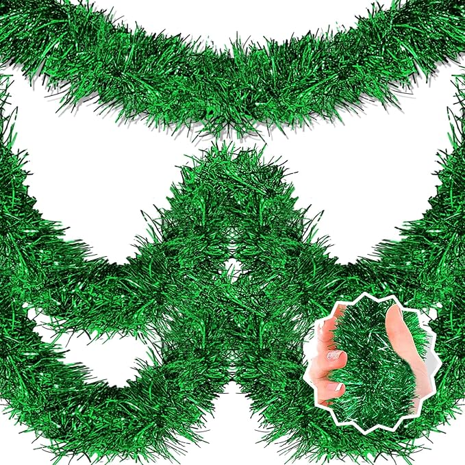50 Feet Green Christmas Tinsel Garland, Metallic Foil Twist Banner Wall Hanging Tinsel Streamers Backdrop for Parade Floats, Christmas, Mother's Day, Birthday Party Decorations(2in x 50ft)