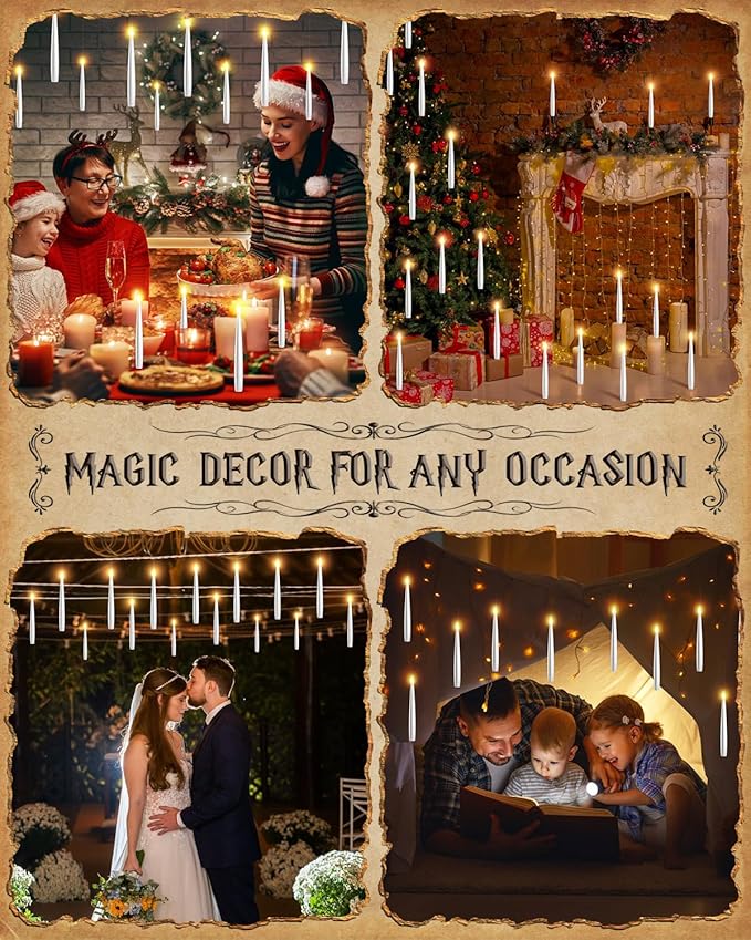 Floating Candles with 2 Wand - 24 Pack Halloween Decorations Magic Flameless Candles Flickering Warm Light LED Hanging Candle Remote, Operated Candles for Christmas Outdoor Indoor Party Decor