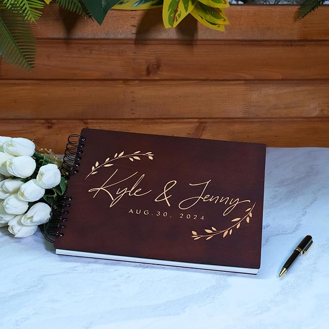 Personalized Wood Wedding Guest Book - 5 Colors/Finishings, 2 Sizes, 12 Designs - Wood Wedding Decorations, Guest Book Signs for Wedding Reception (DESIGN 5)