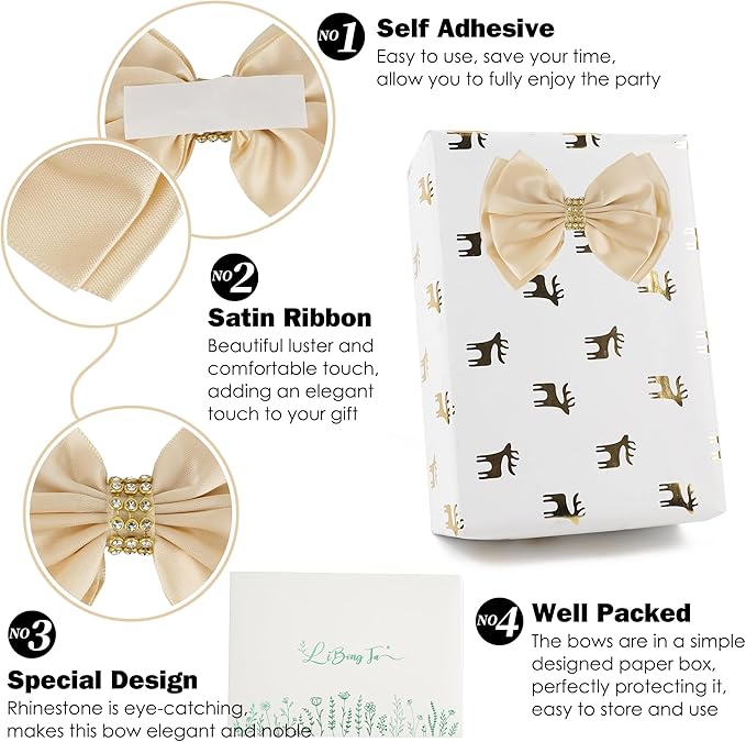 Champagne Gold Ribbon Bow 4'' Premade Satin Bows, Gift Bows with Rhinestone, Wrapping Bow for Presents, Greeting Cards, Treat Bags, Wine Bottle, Valentines Bows for Gift Wrapping-12 Counts