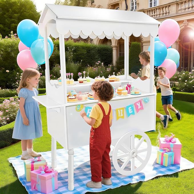 7FT Candy Cart Display Stand with Decorated Wheels, Dessert and Party Decoration Cart with 100 Ballons, Easy to Install Vintage for Parties, Birthdays, Weddings, (White)