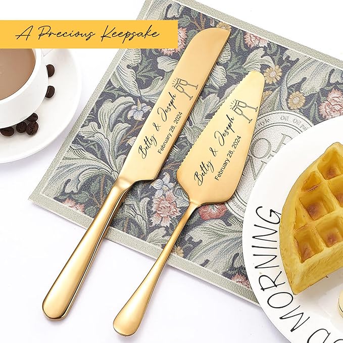 Personalized Wedding Cake Knife and Server Set Stainless Steel Forks Cake Cutter Server Engraved Cake Cutting Set for Wedding Anniversary Engagement Birthday Gifts