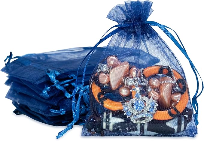 TheDisplayGuys 100-Pack 3x4 Navy Blue Sheer Organza Gift Bags with Drawstring, Jewelry Candy Treat Wedding Party Favors Mesh Pouch