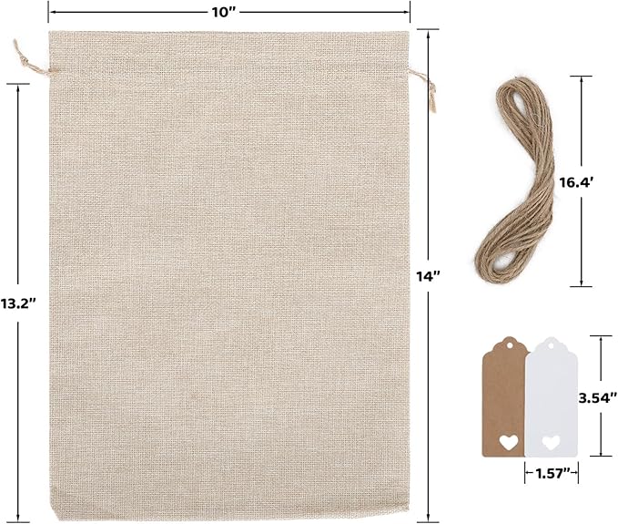 Tapleap Burlap Gift Bags with Drawstring - 10Pcs 10x14 Original Sacks with String and Tags for Wrapping Halloween Favors, Clothes, Toiletries, Breads, For Birthday, Wedding or Household Use