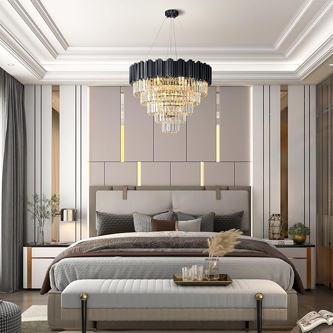 27.5" Black Crystal Chandelier, 9-Light Modern Luxury Round Chandelier, 5-Tier Contemporary Tiered Chandeliers Light Fixture for Dining Room, Living Room, Bedroom, Foyer, Entryway, Kitchen