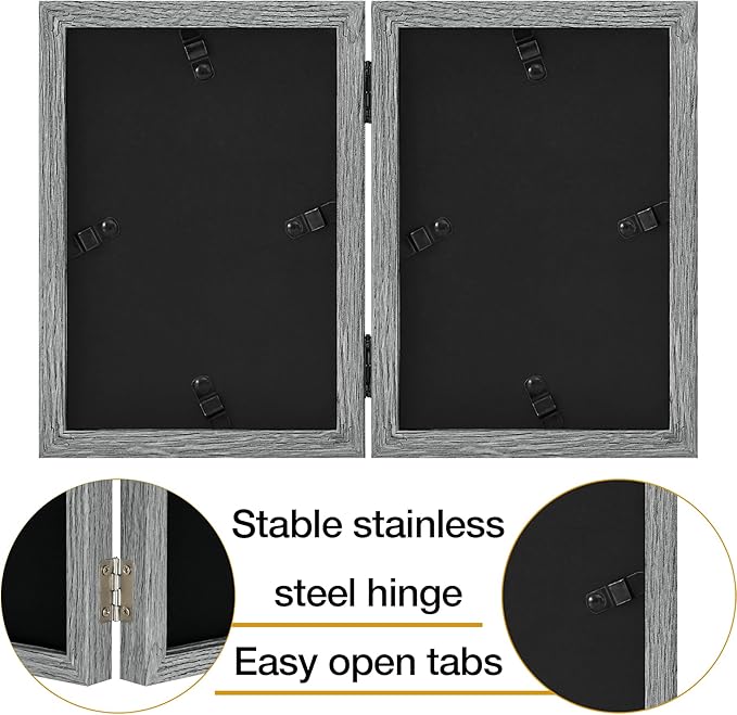decorUhome Double 5x7 Picture Frame Vertical, Engineered Wood Bifold Photo Frame with Plexiglass for Tabletop Display, 5x7, Grey
