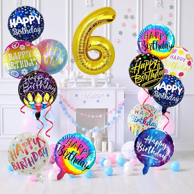 50 Pcs Happy Birthday Party Aluminum Foil Balloons and 6th Balloons, 18 Inch Round Aluminum Foil Balloon with" Happy Birthday" Sign, Birthday Decorations for Boys/Girls (Yellow, 6)