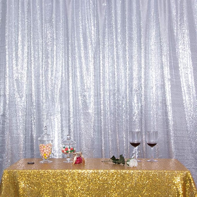 SquarePie Sequin Backdrop Curtain Not See Through Opaque Satin Photography Background for Wedding Patry 5FT x 7FT Silver