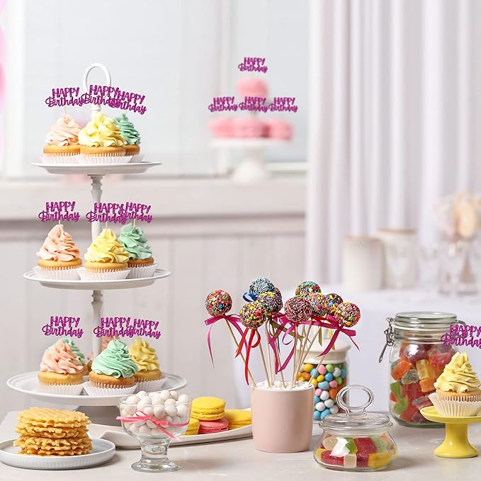 Gyufise 24Pcs Happy Birthday Cupcake Toppers Glitter Birthday Cupcake Food Picks for Celebrating Purple Theme Party Cake Decorations Supplies Purple