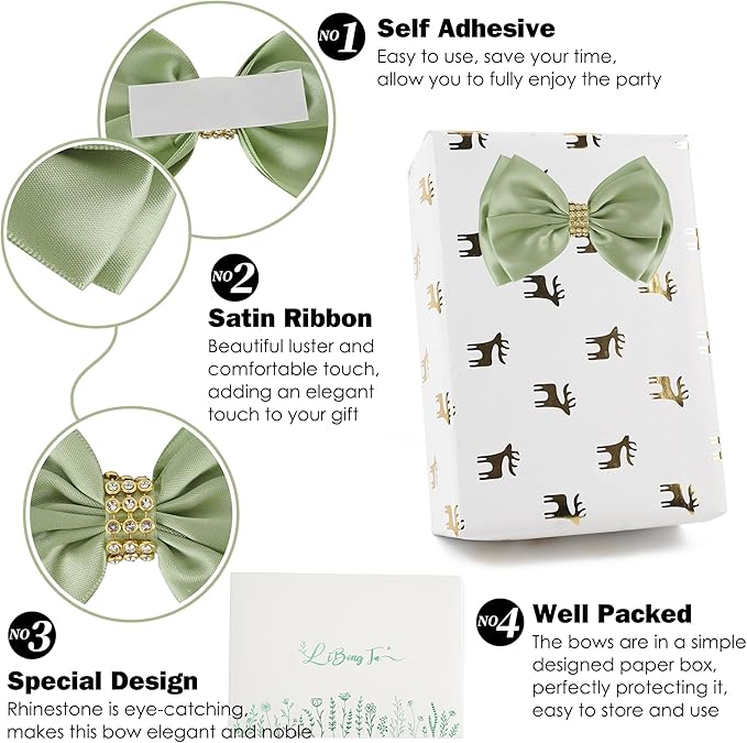 Sage Green Bows 4'' Premade Satin Ribbon Bow, Gift Bows with Rhinestone, Wrapping Bows for Presents, Greeting Cards, Treat Bags, Wine Bottles, Valentines Bows for Gift Wrapping-12 Counts